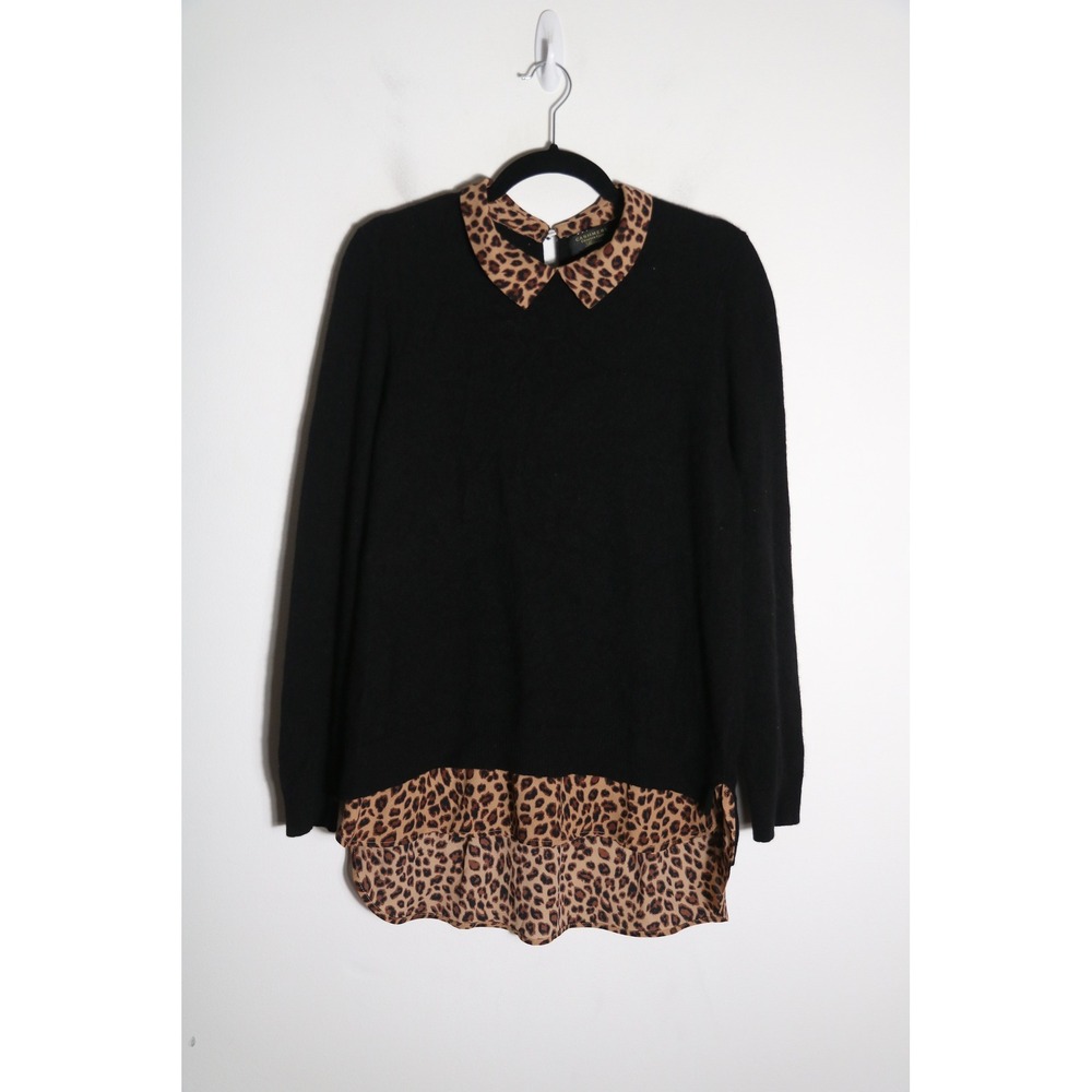 Charter Club 100% Cashmere Sweater Large Black Leopard Blouse Trim Preppy